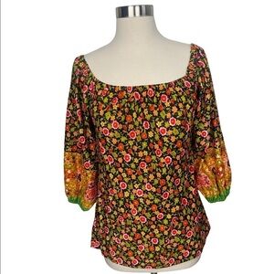 VTG 60’s-70’s Aladdin Multicolored Floral Wide Neck Peasant Blouse Large.